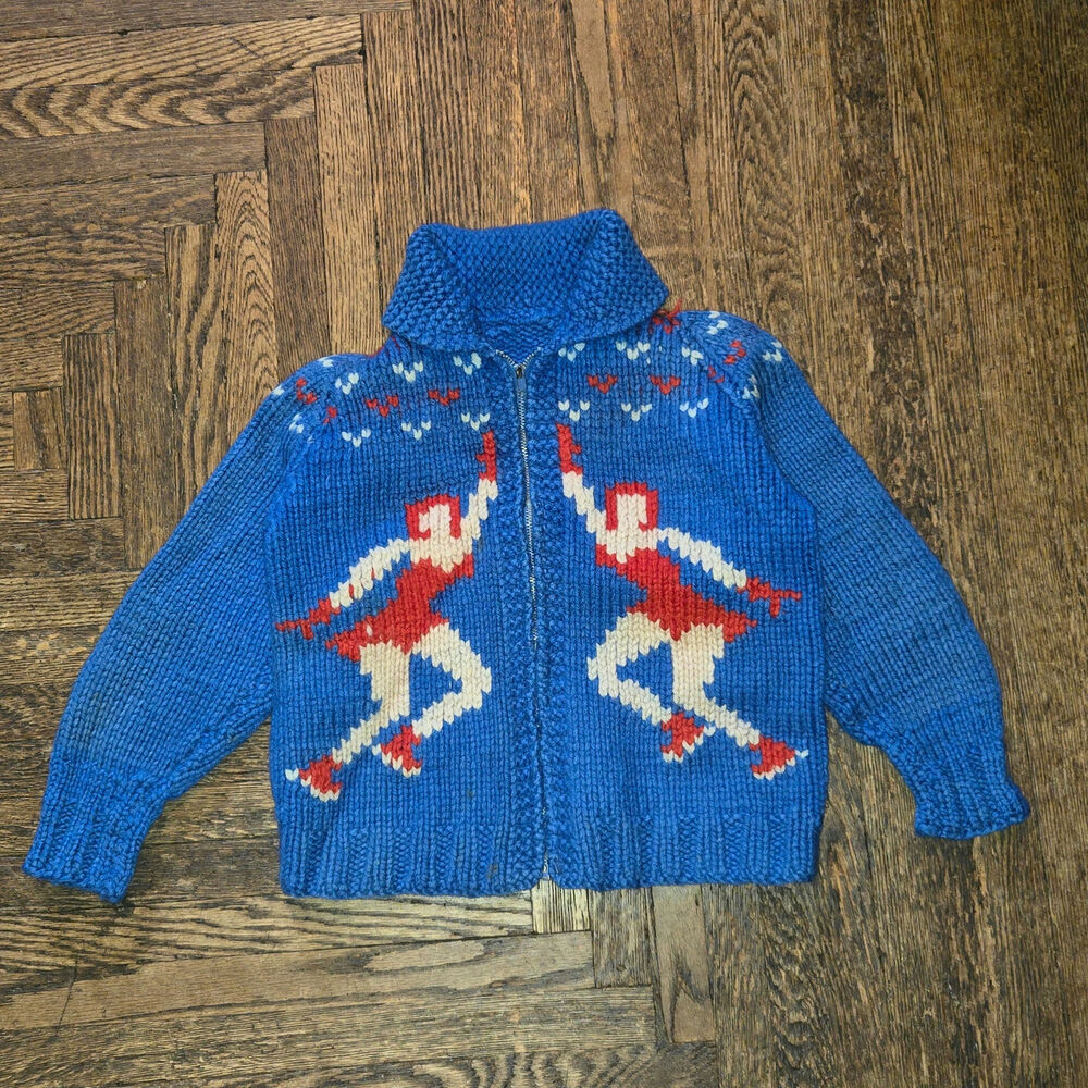 VTG Mary Maxim Cowichan Figure Skating Wool Hand Knit Sweater Youth Kids READ